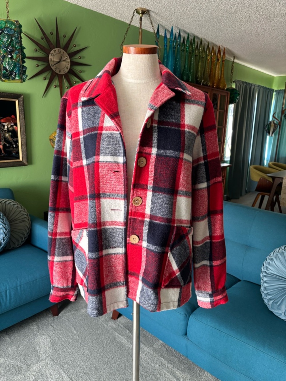 Reproduction Red Plaid Button-Up Wool Jacket